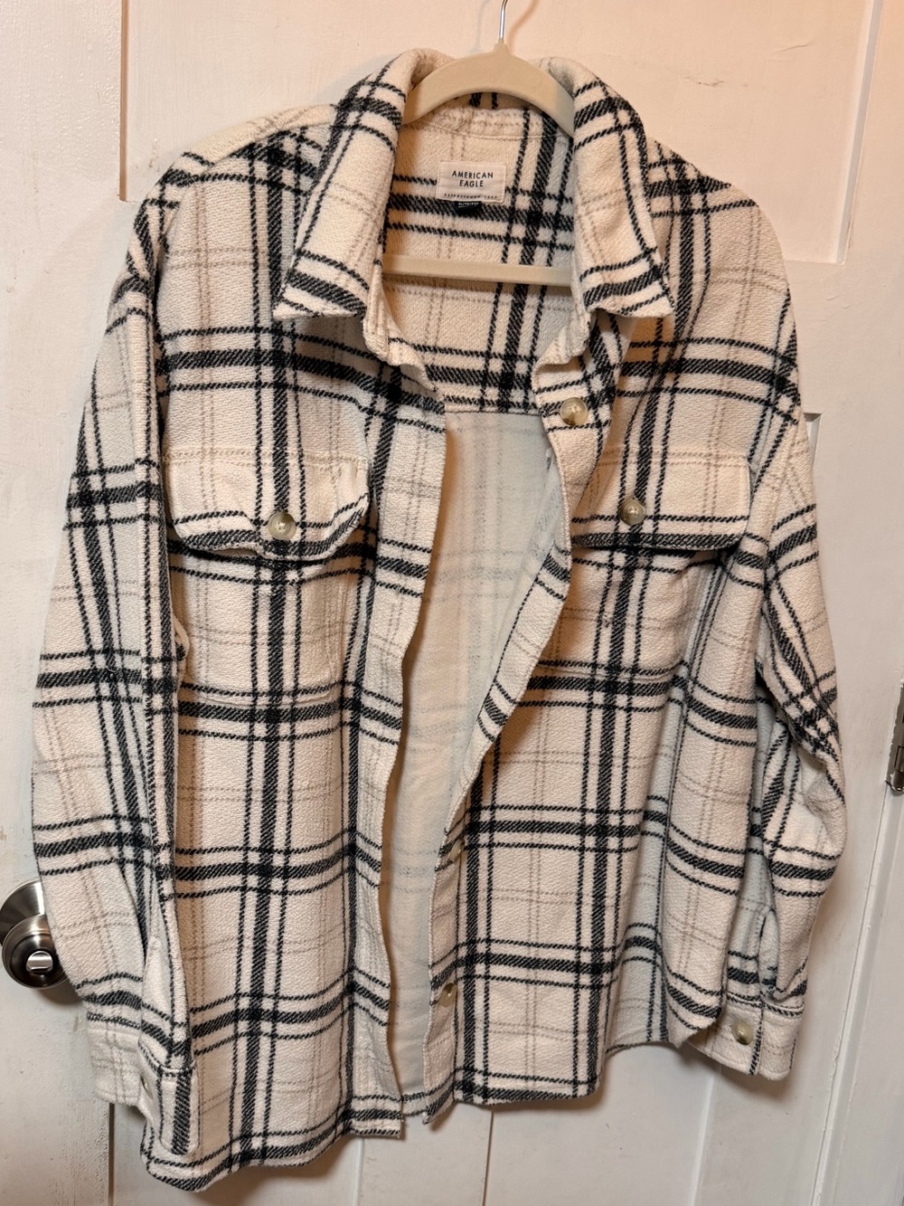 American Eagle Outfitters Cream and Black Plaid Shacket